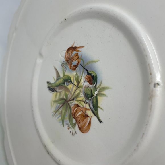 Vintage 1980 Ceramic Pie Plate Dish Green Scalloped Hummingbird Floral Design - Picture 8 of 11